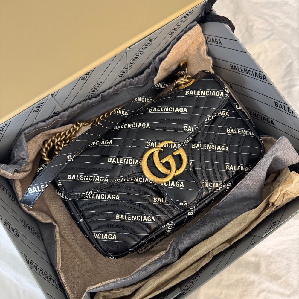 Gucci x Balenciaga Calfskin Matelasse Logo Print Small GG Marmont Shoulder Bag
